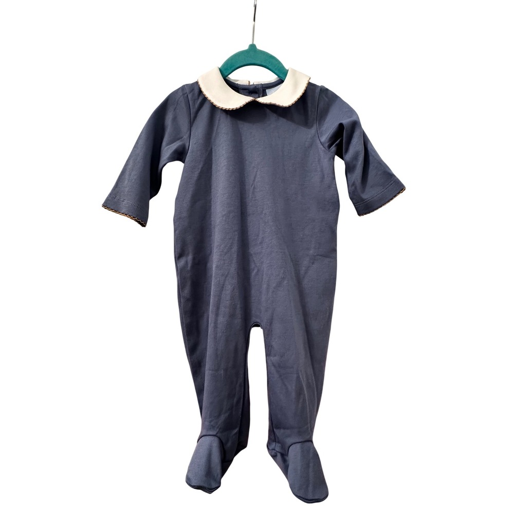 Bella Bliss Navy Blue Pima Cotton Footed Romper Crochet Train 9M Holidaycore